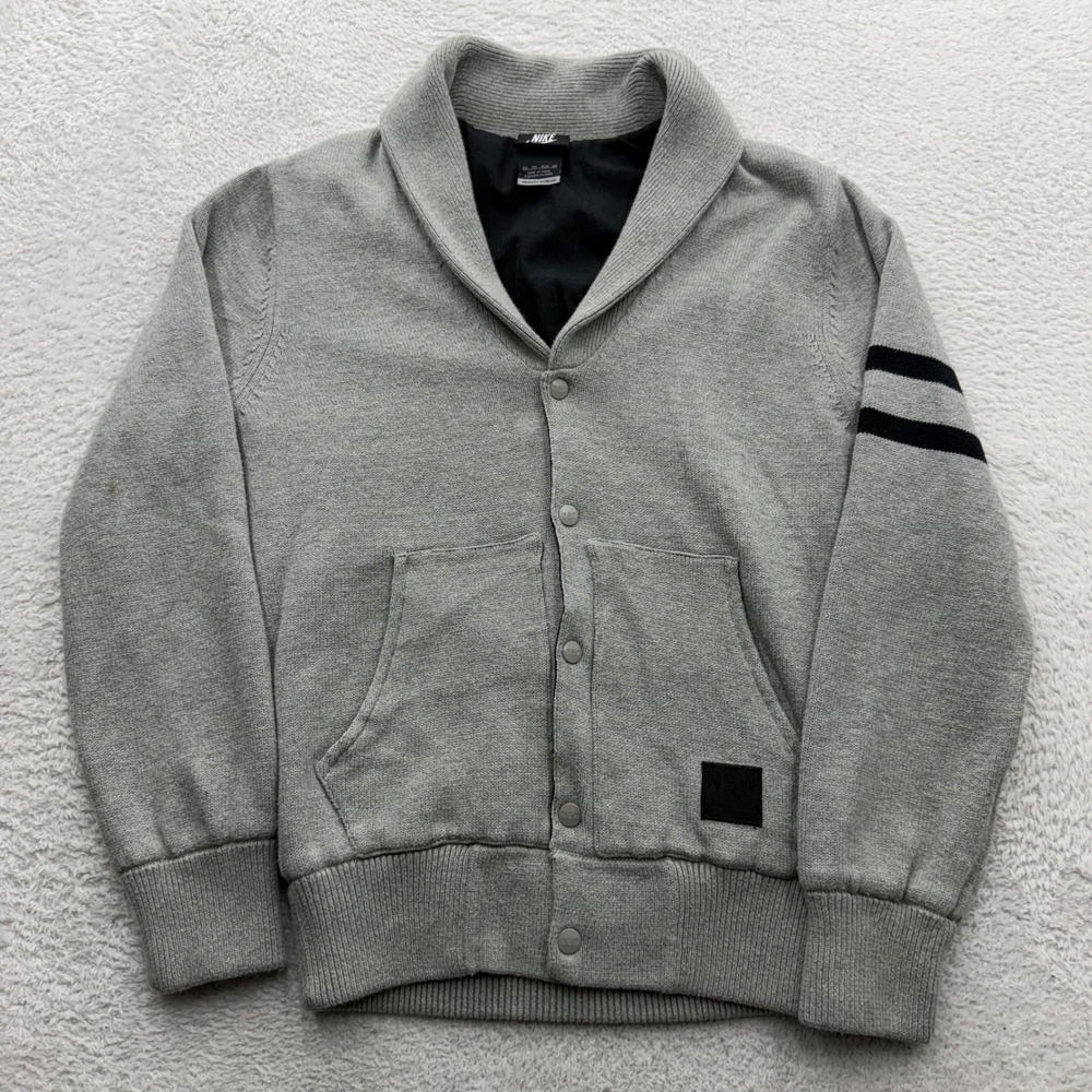 Nike Sportswear NSW Mens XS Gray Shawl Collar Snap Front Cardigan Sweater Stripe